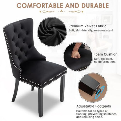 Velvet Dining Chairs Set of 4, Upholstered Dining Room Chairs with Ring Pull Trim and Button Back, Luxury Tufted Dining Chairs for Living Room, Bedroom, Kitchen (Black)