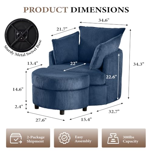 Vanity Accent Chair Swivel Living Room Chairs Curve Back Reading Chair with Armrest, Lounge Chair with Ottoman for Bedroom