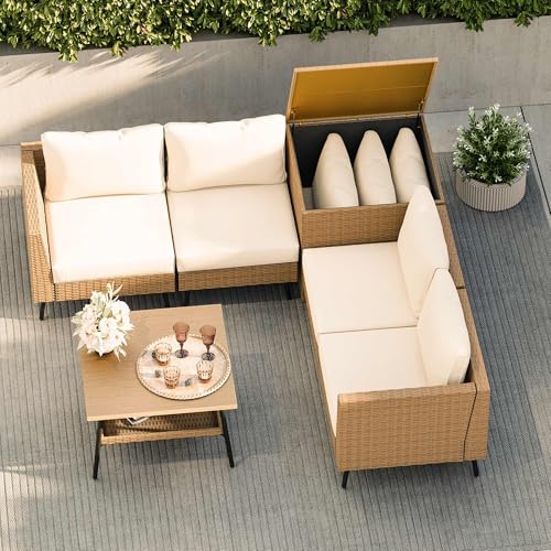 6 Pieces Outdoor Patio Furniture Sets, Rattan Conversation Sectional Set with Cushions and Storage Box, Patio Sofa with Outdoor Table