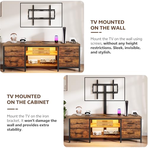 TV Stand with Mount for 75 Inch TV, Media Console Table, 59 Inch | Industrial Entertainment Center for Living Room, with LED Light and Power Outlets, Drawers, Open Shelves, Steel, Rustic Brown