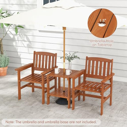 3 Piece Patio Conversation Set, Outdoor Wood Conversation Seat with Table and Umbrella Hole, Outdoor Furniture Set of 3 for Garden Poolside Backyard Balcony Porch