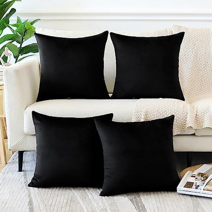 Set of 4 Decorative Throw Pillow Covers Soft Velvet Solid Square Pillow Cases Luxury Cushion Covers Case for Sofa Car Patio Bedroom Living Room 18x18 Inch, Black