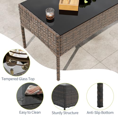 4 Piece Patio Furniture Set, Outdoor Deck Rattan Chair Wicker Combo Furniture, All Weather Dialogue Rattan Sofa with Upholstery and Glass Table for Garden, Backyard, Porch, Lawn, Pool, Brown+White