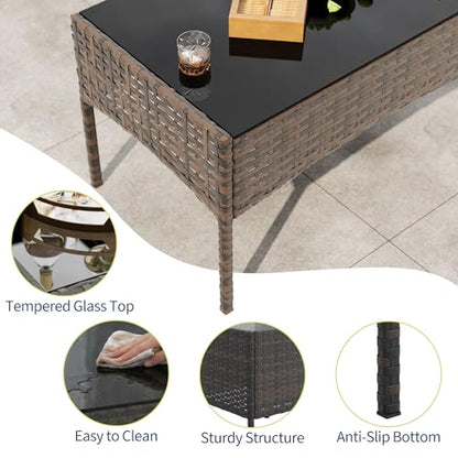 4 Piece Patio Furniture Set, Outdoor Deck Rattan Chair Wicker Combo Furniture, All Weather Dialogue Rattan Sofa with Upholstery and Glass Table for Garden, Backyard, Porch, Lawn, Pool, Brown+White