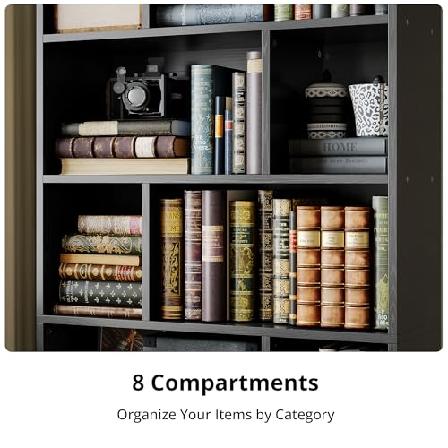 Book Shelf, Tall Bookshelf with Storage, Bookshelves and Bookcases with Doors, 4-Tier Bookcase with 8 Open Cubes for Living Room, Office, Study, Black