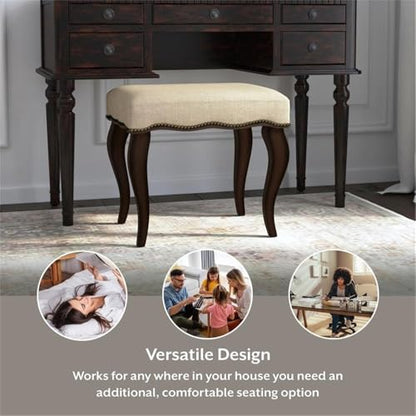 Hamilton Wood and Upholstered Backless Vanity Stool for Makeup Room and Bathroom, Burnished Oak