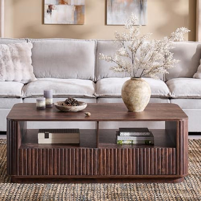 51" Fluted Coffee Table with Storage, Large Modern Center Table with 2 Drawers, Rectangle Wood Coffee Table for Living Room, Dark Walnut