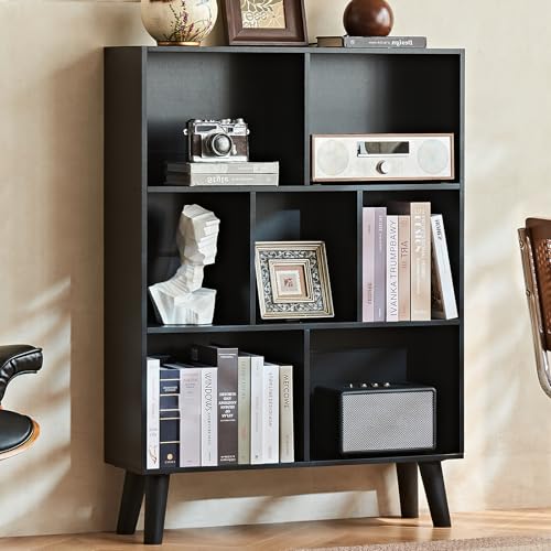 Cube Bookshelf, Mid-Century Modern Book Shelf with Legs, Black, view 2