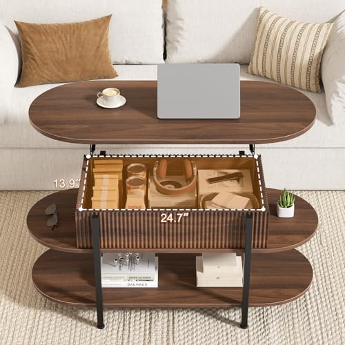 41.7" Fluted Oval Lift Top Coffee Table with Hidden Storage, Walnut | Fluted Wood Center Table, 3 Tier Small Tables with Curved Edge, Modern Narrow Coffee Table for Living Room Reception Room