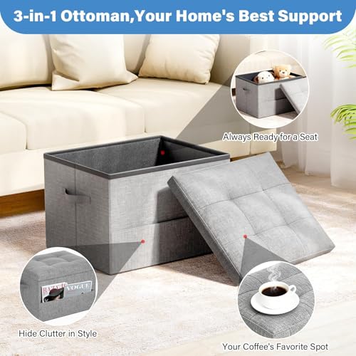 Storage Ottoman Foot Rest Stool, Holds Up to 350lbs, 43L, Foldable | Small Ottoman with Storage, Foot Rest Stool with Thicker Foam Padded Seat, 17x13x13in, Drak Gray