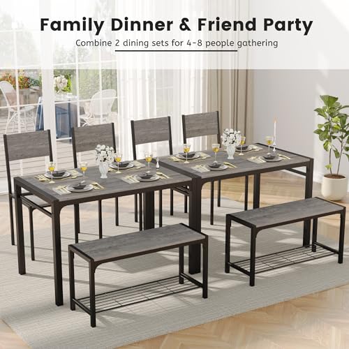 43.3" Dining Table Set for 4, Kitchen Table with Bench & 2 Chairs Modern Rectangular Metal Frame Dining Furniture Set for Small Space (Grey)