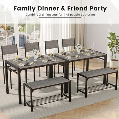 43.3" Dining Table Set for 4, Kitchen Table with Bench & 2 Chairs Modern Rectangular Metal Frame Dining Furniture Set for Small Space (Grey)