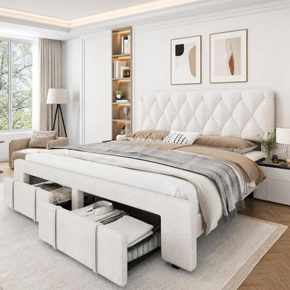 Upholstered King Size Bed Frame with Storage Drawers, Beige, view 2