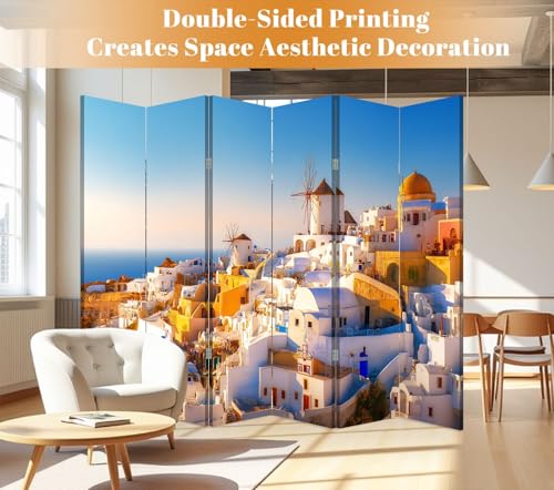 6 Panel Room Divider Screen Santorini Island Famous Popular Summer Resort Greece Folding Privacy Screen Canvas Wall Divider Wood Room Separator Portable Freestanding Partition 6Ft