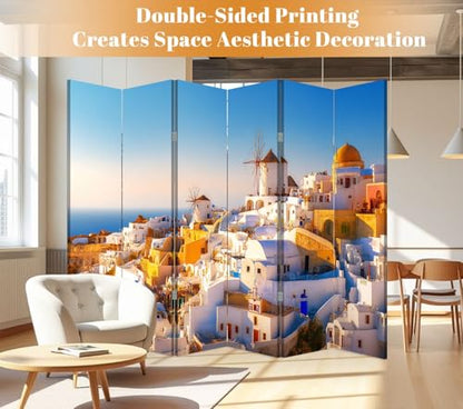 6 Panel Room Divider Screen Santorini Island Famous Popular Summer Resort Greece Folding Privacy Screen Canvas Wall Divider Wood Room Separator Portable Freestanding Partition 6Ft