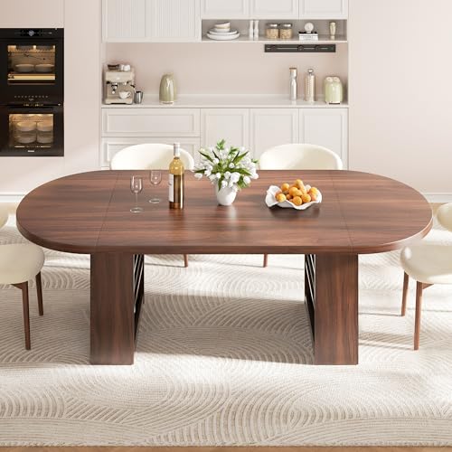 78.7" Dining Table for 6-10 People, Oval Dining Room Table with 3-Tier Storage Shelf, Modern Wood Kitchen Tables with Heavy Duty Pedestal Base for Home, Dining Room, Walnut