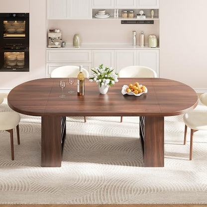78.7" Dining Table for 6-10 People, Oval Dining Room Table with 3-Tier Storage Shelf, Modern Wood Kitchen Tables with Heavy Duty Pedestal Base for Home, Dining Room, Walnut