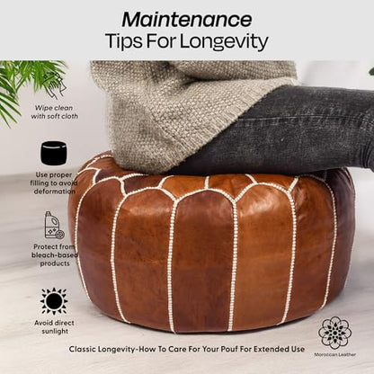 Handmade Pouf Ottoman Cover, Unstuffed Foot Stool, Round Boho Footrest for Living Room, Bedroom, Home Decor Gift (Dark Tan By White)