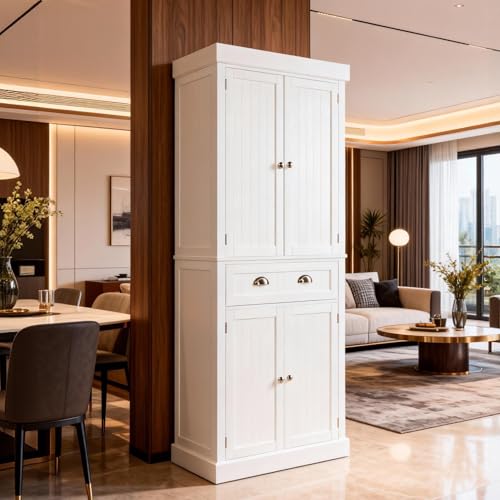 71-Inch White Storage Cabinets with Drawers, Freestanding Pantry Cabinets with Doors and Shelves Adjustable, Wood Farmhouse Kitchen Pantry Cupboard