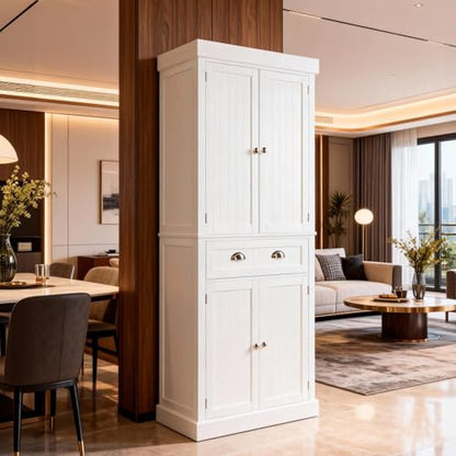 71-Inch White Storage Cabinets with Drawers, Freestanding Pantry Cabinets with Doors and Shelves Adjustable, Wood Farmhouse Kitchen Pantry Cupboard