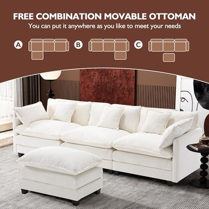 111.4" L Shaped Modern Sofa Modular Sectional Cloud Couch with Ottoman, 4-Seat Chenille Deep Seat Sofa with Pillow for Living Room, Bedroom and Apartment, Beige