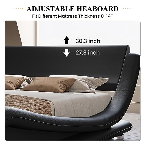 Queen Size Sleigh Bed Frame, Low Profile, Faux Leather, Black, view 5