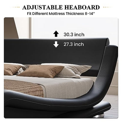 Queen Size Sleigh Bed Frame, Low Profile, Faux Leather, Black, view 5