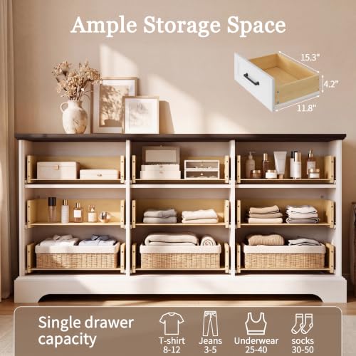 57" Farmhouse Dresser for Bedroom, 9 Drawers Dresser, White & Brown, view 5