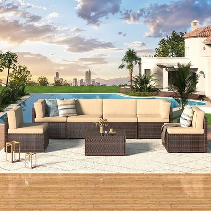7 Piece Outdoor Patio Furniture Set, PE Rattan Wicker Sofa Set, Outdoor Sectional Furniture Chair Set with Cushions and Tea Table, Brown