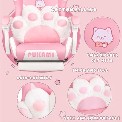 Pink Gaming Chair Cute with Cat Ears and Cat Paw Lumbar Cushion, Ergonomic Computer Chair for Girl with Footrest and Headrest, Comfortable Reclining PC Game Chair for Adult, Teen (Pink)