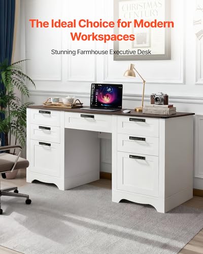 60" Executive Desk with Drawers, Farmhouse Home Office Desk with Charge Station, view 4