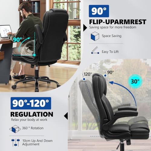 PU Leather Office Chair Desk Chair with Flip-up Armrests, Black, view 7