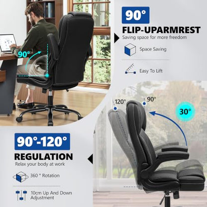 PU Leather Office Chair Desk Chair with Flip-up Armrests, Black, view 7