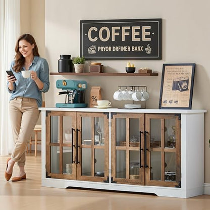 Farmhouse 63" Buffet Sideboard Cabinet with Glass Door, White, view 4