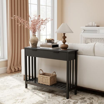 Black Narrow Console Table with Drawer Storage Shelf, Modern Wooden Entryway Sofa Table, 39 Inch Slim Behind Couch Table, Side Display Console Table for Living Room,Office,Black