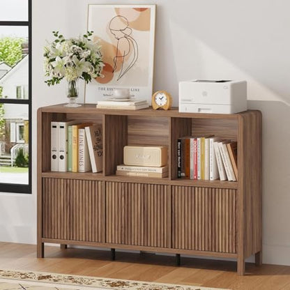 6 Horizontal Bookcase with 3 Doors, Low Farmhouse Cube Storage Organizer, view 2