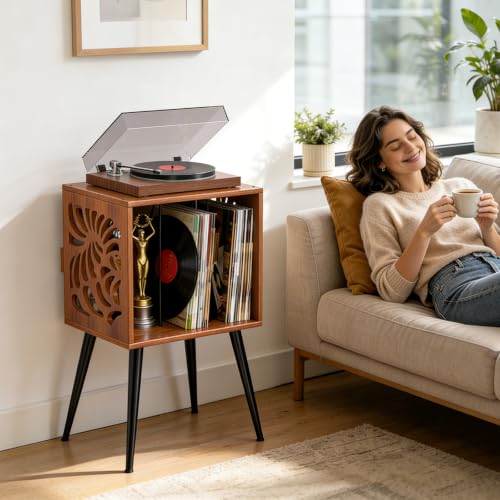 Stylish Record Player Stand with Storage, Holds 100+ Vinyl Records, view 3