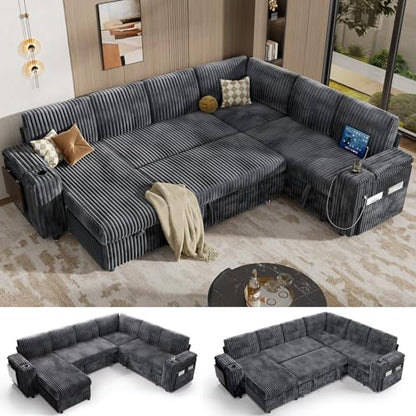 111" Modular Sectional Sleeper Sofa with Pull Out Bed, 7 Seat Plush Corduroy L Shaped Couch with Storage Chaise|USB Ports|Cup Holders|Side Table|Storage Armrests, Tool Free Assembly, Grey