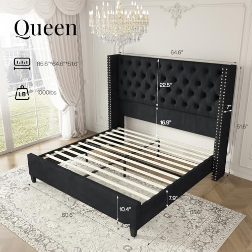 Queen Size Bed Frame with 51.6" Velvet Wingback Headboard, Black, view 3
