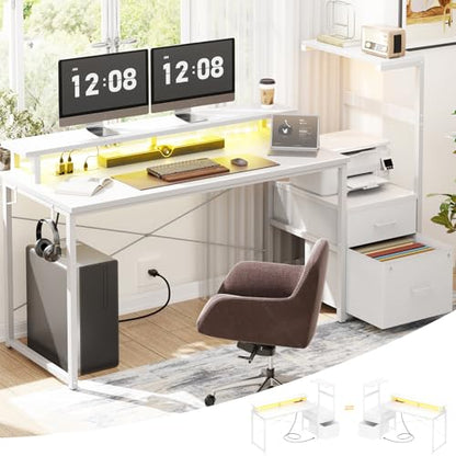 Gaming Desk with LED Strip & Power Outlet, 59Inch Reversible Computer Desk with Monitor Stand & Storage Shelves, Home Office Desks with Fabric File Drawer, Gamer Table PC Desk, White