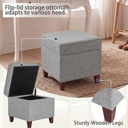 Linen Storage Ottoman with Wooden Legs, 17" Square Upholstered Flip-Top Footrest Stool, Extra Seat or Coffee Table for Living Room, Bedroom, Entryway, Grey