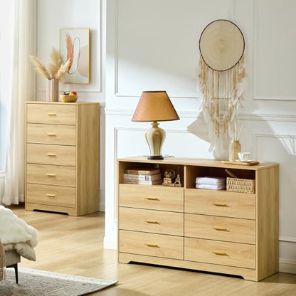 Natural Oak Dresser for Bedroom, Wood Dresser with 6 Drawers, Modern Minimalist Dressers & Chest of Drawers with Charging Station & LED Lights, 48 Inches TV Stand for Bedroom, Living Room