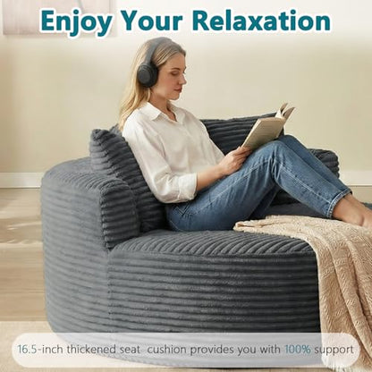 55'' Oversized Round Chaise Lounge Chair Indoor, Corduroy Sponge Deep Seat Single Sofa, Cloud Large Round Chairs, Modern Sleeper Chair for Living Room, Wide Armrest Chairs, No Assembly Required Gray