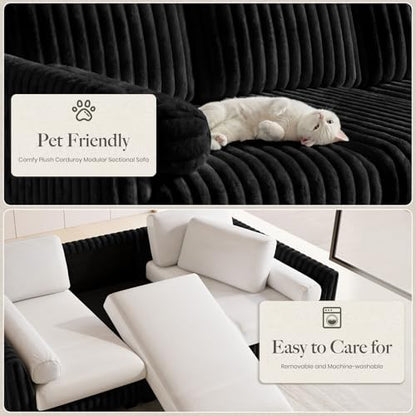 Plush Corduory Sectional Sleeper Sofa with Wide Deep Seat Modular Sectional Cloud Couches for Living Room. Black Couch