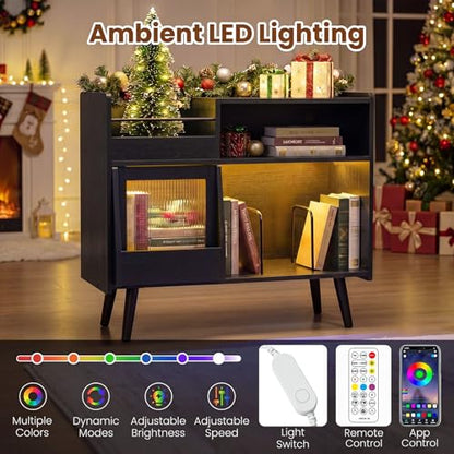 Large Record Player Stand with LED Light & Sliding Door, Black, view 5