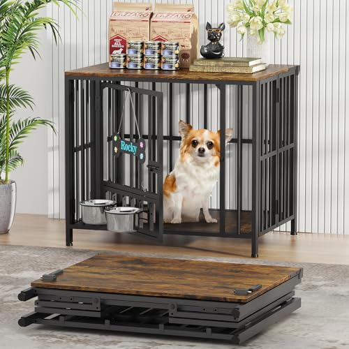 27" Foldable Dog Crate Furniture, No Assembly, Rustic Brown, view 2