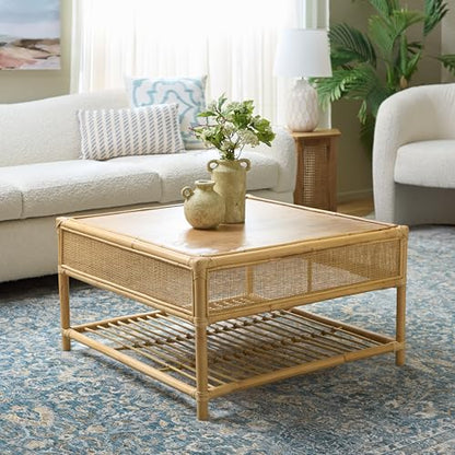 SAFAVIEH Furniture - Webber Square Coffee Table - Natural Solid Wood with Rattan Shelf Storage - Boho Living Room Table, 31.5" W x 31.5" D x 17.7" H (COF6519A)