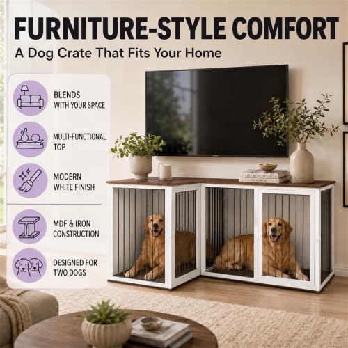 79.1 in L-Shaped Double Dog Crate Furniture for 2 Dogs, White, view 3