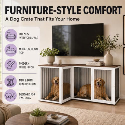 79.1 in L-Shaped Double Dog Crate Furniture for 2 Dogs, White, view 3