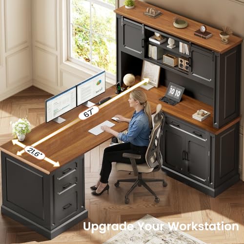67" Farmhouse Executive L Shaped Desk with Hutch & Storage, view 6